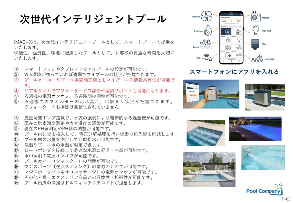 スマートフォンアプリで水質・温度・照明・ろ過などを管理できる次世代スマートプール『IMAGI‑X』の機能説明とアプリ画面、複数のプール写真が並ぶプロモーション画像。