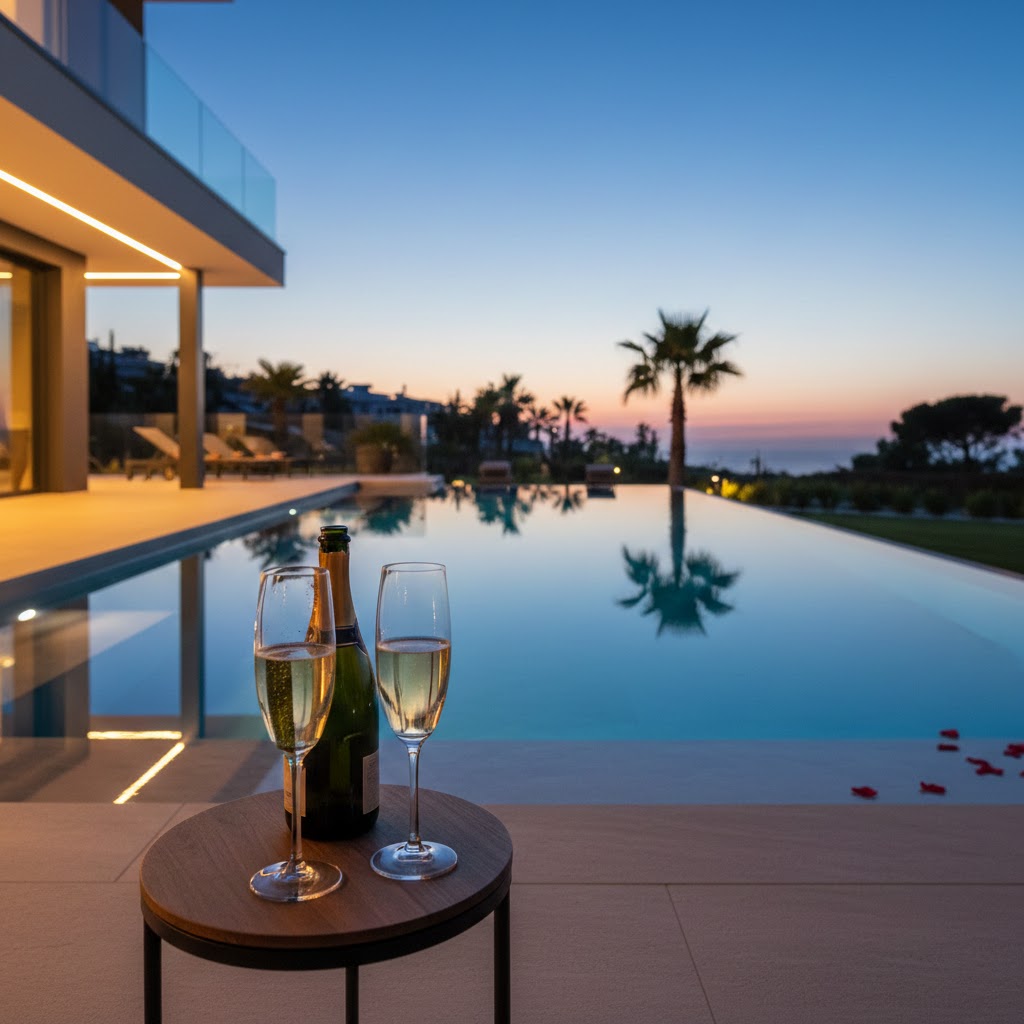 夕日を背景にしたリゾートプールとプールサイドのラウンジチェア。マハロガーデンによるリゾートプール設計の実例